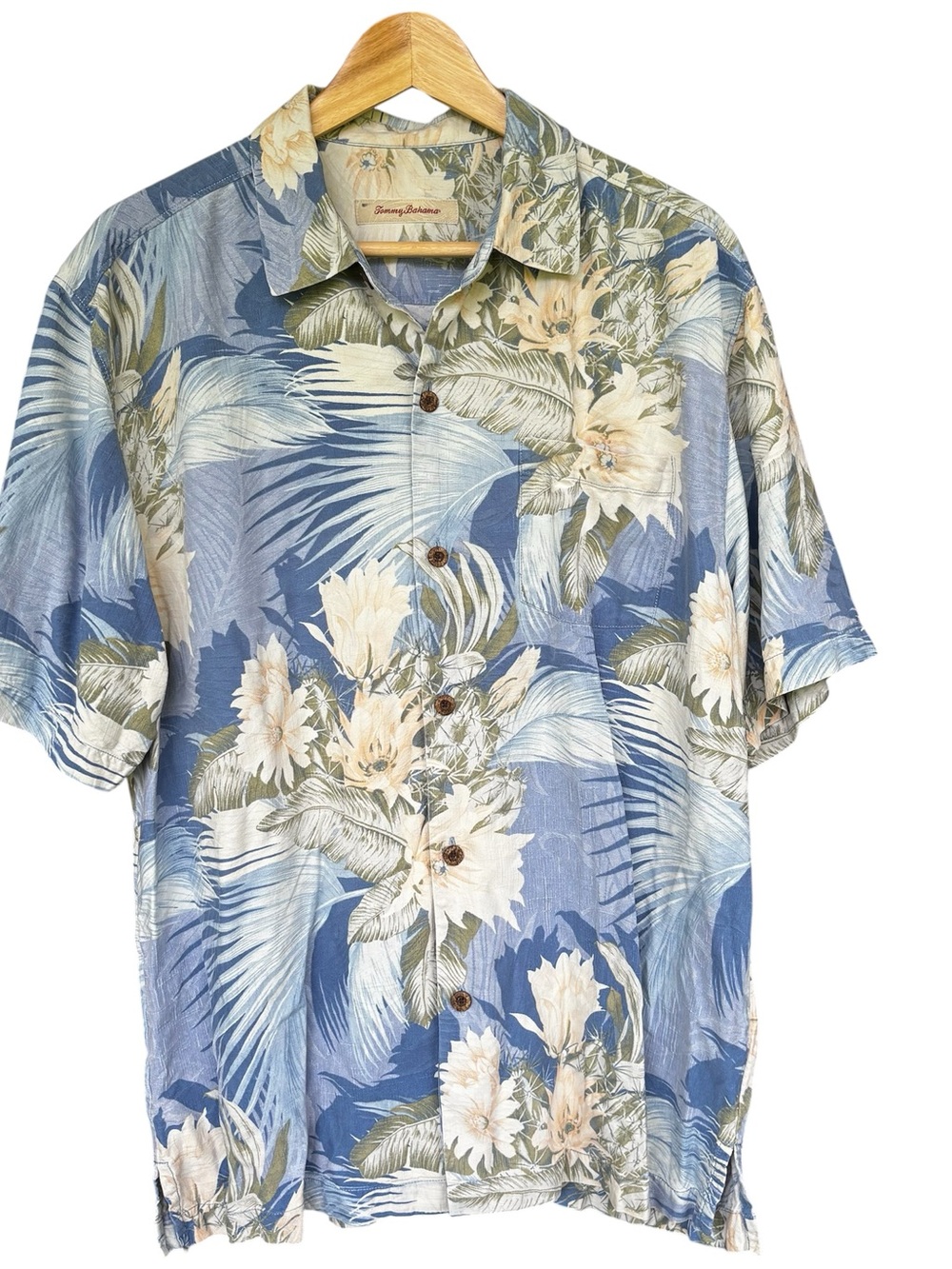 Tommy Bahama Shirt Mens Large Button Up Floral Hawaiian Blue Palm AOP Silk Aloha